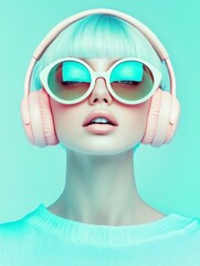 Close-up portrait of a gorgeous woman with a white and blue bob hairstyle, wearing black sunglasses and pink headphones on her head. She is dressed in an oversized plush outfit