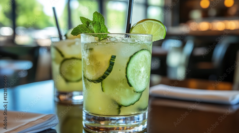 Poster Refreshing cucumber lime mint lemonade served in stylish glasses on a wooden table in a bright, inviting setting