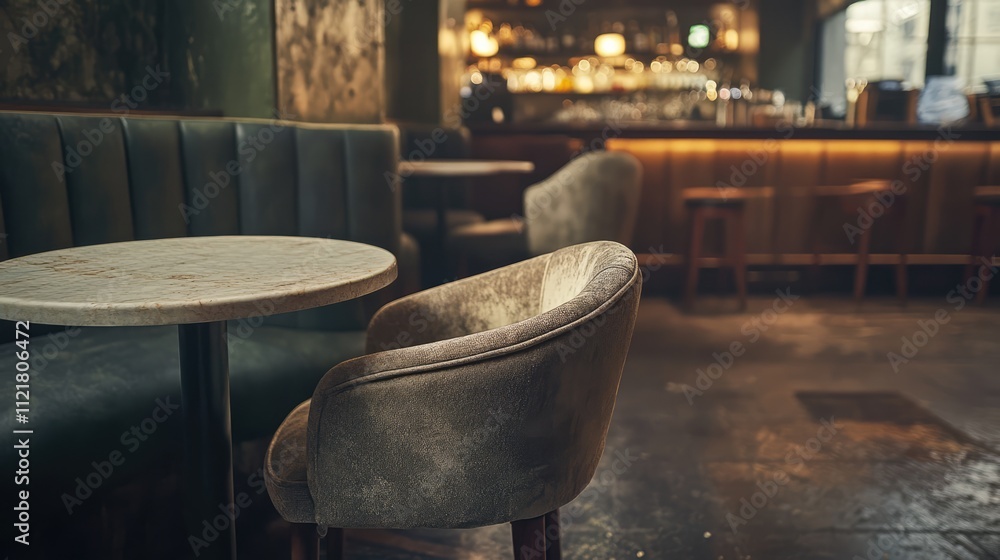 Poster cozy cafe interior featuring an empty chair and table inviting customers to enjoy a relaxing atmosph
