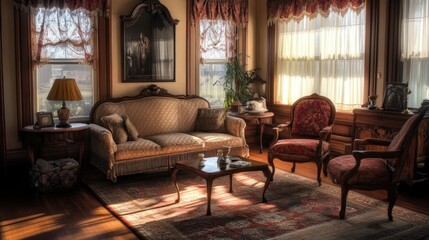 Fototapeta premium Antique living room, sunlight, ornate furniture, elegant.
