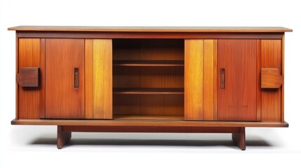 Wooden sliding door sideboard from Denmark showcasing mid-century modern design and craftsmanship in rich warm tones.