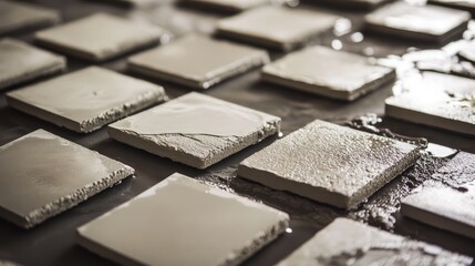 Tiles soaking in water before installation for enhanced adhesion and durability during construction or remodeling projects