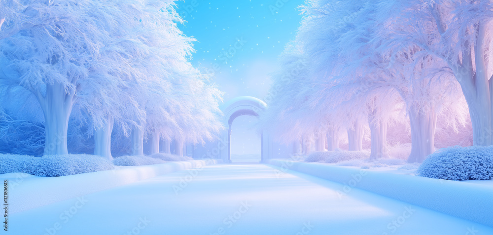Aufkleber winter pathway with frosty trees and glowing archway