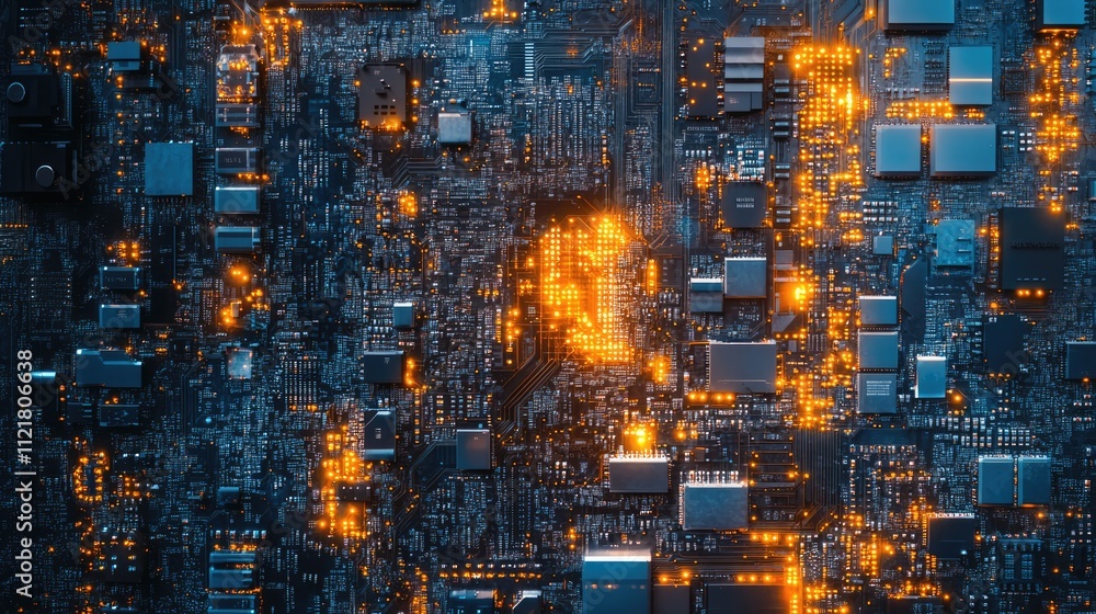 Poster semiconductor circuit board technology with glowing microchips and advanced electronic components in