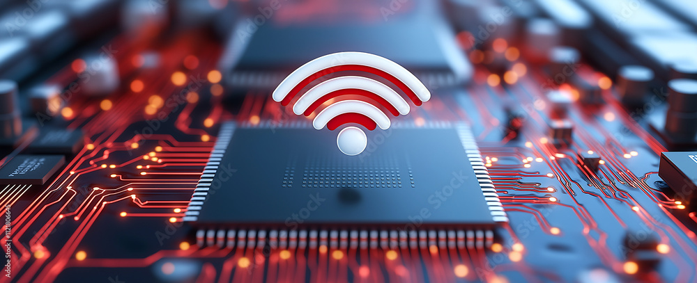 Poster wireless network connection symbol over circuit board, showcasing technology and connectivity. vibra