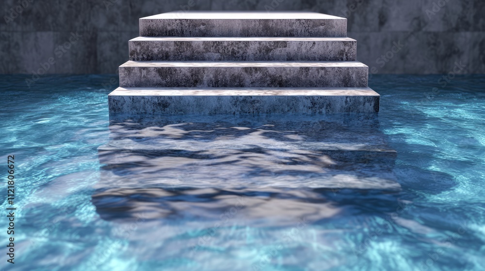 Poster elegant stairway leading into a serene blue pool with textured ceramic tiles and shimmering water re