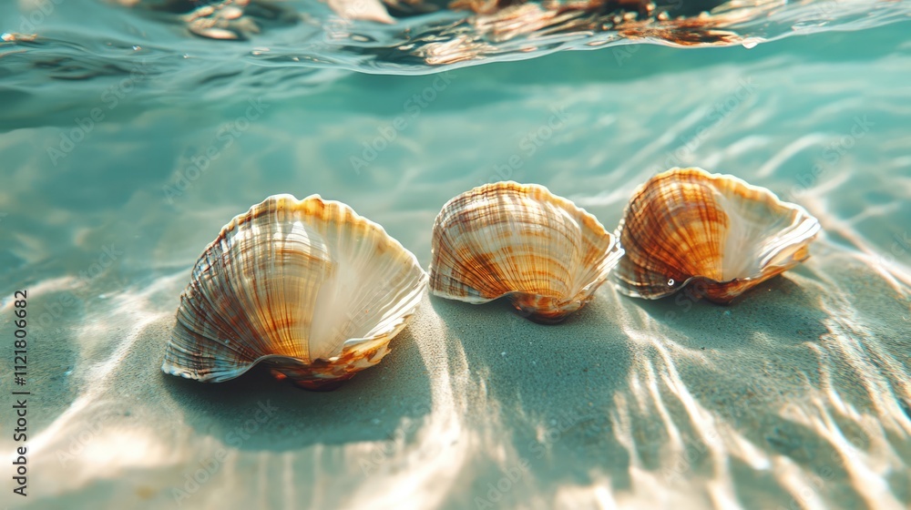 Aufkleber underwater view of seashells resting on sandy ocean floor illuminated by sunlight creating a serene 
