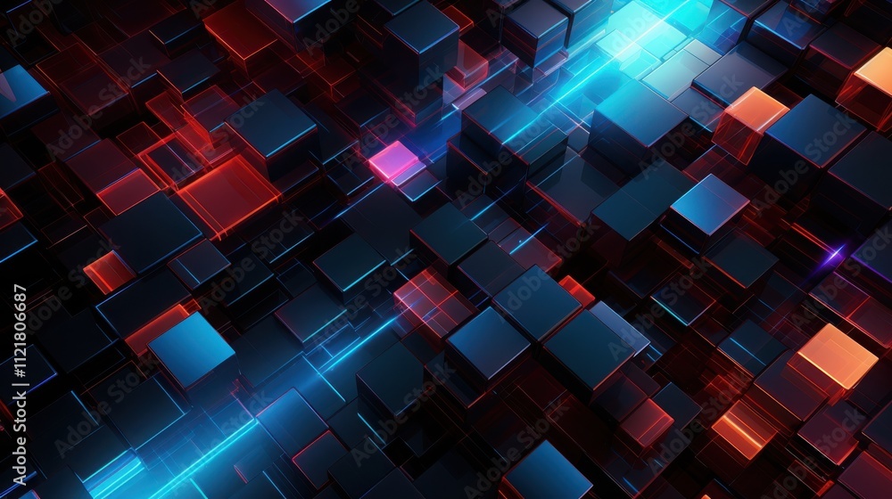 Poster abstract 3d render of glowing cubes and lines