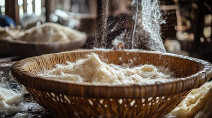 Traditional silk production sericulture process with wooden baskets showcasing raw silk fibers ready for weaving and crafting artisanal textiles