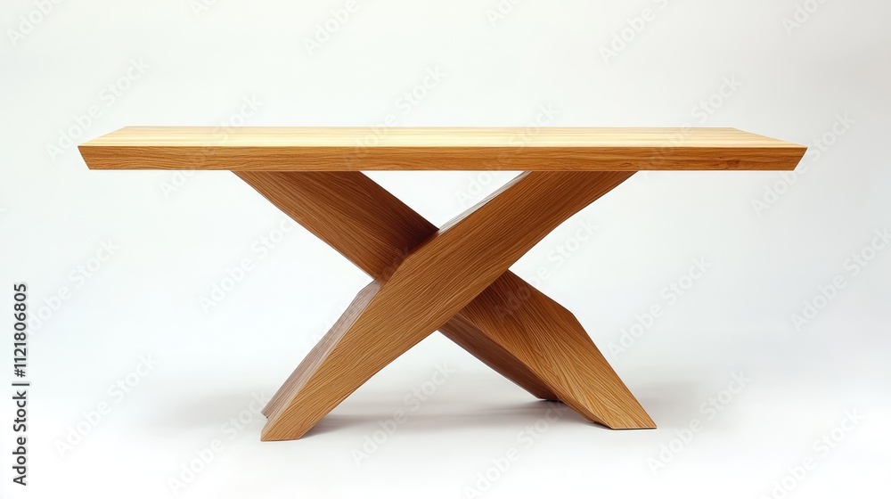 Poster Modern wooden table with crossed base design crafted from solid oak showcasing minimalist style and natural wood texture.