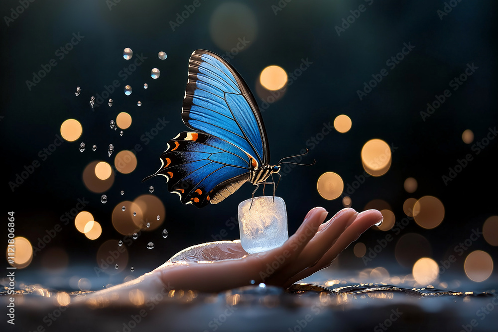 Poster stunning blue butterfly perched on ice cube in hand, surrounded by sparkling droplets and soft bokeh