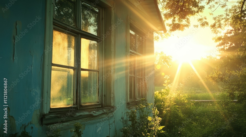 Aufkleber Sunlight streaming through windows of a rustic country house surrounded by greenery in a serene summer landscape