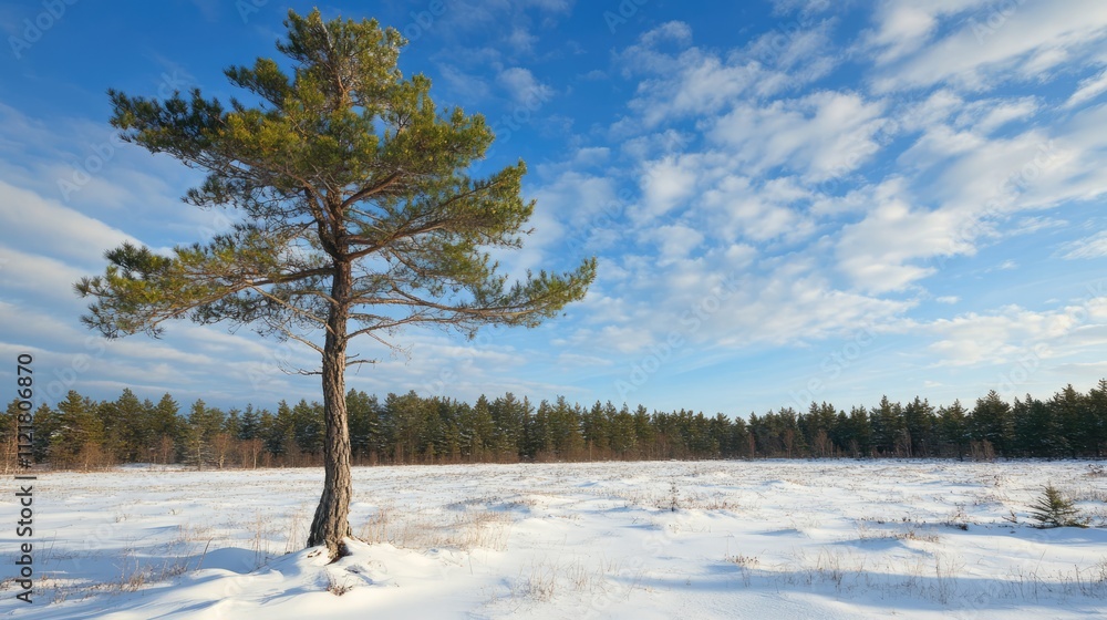 Poster lone pine tree standing in a pristine snowfield under a clear blue sky with fluffy clouds and a surr
