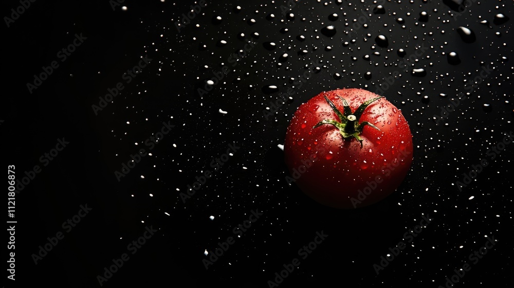 Poster Fresh ripe tomato on a dark background with water droplets creating deep shadows and ample negative space for text placement