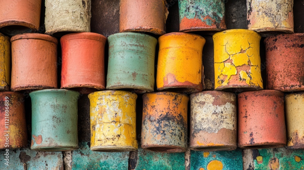 Poster colorful vintage roof tiles displaying rustic textures and weathered surfaces in a charming architec
