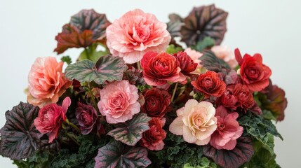 Vibrant spiral and pinkish-red begonias perfect for enhancing garden and home interiors with their stunning foliage and blooms