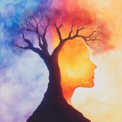 A tree silhouette merging with a human face.