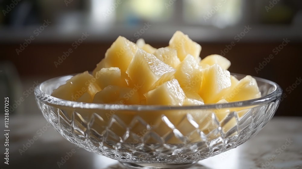 Poster cubes of fresh yellow fruit in a crystal bowl with a blurred background creating an inviting and vib