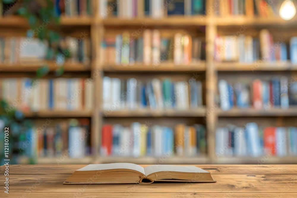 Poster open book on wooden table in a cozy library setting with bookshelves in the background and soft blur