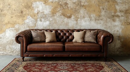 Vintage Brown Leather Sofa with Cushions Against an Aged Wall and Carpet. AI generated illustration