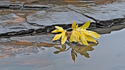 Yellow leaves on wet rocks reflecting in shallow water at low tide coastal landscape natural beauty environmental scene