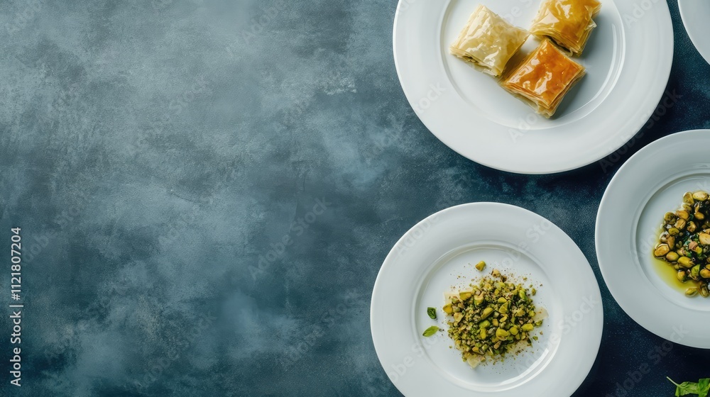 Poster Assorted baklava varieties and crushed pistachios elegantly arranged on white plates against a textured background for a culinary display.