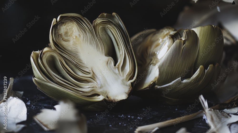 Poster elegant display of sliced and whole artichokes showcasing intricate textures and natural colors on a