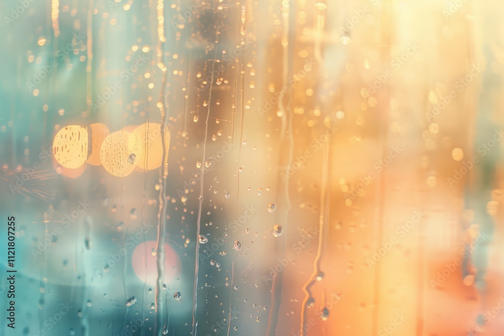 Poster rainy window with water droplets and soft warm light blurring through, creating a serene and moody a