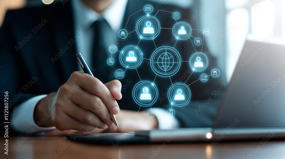 Poster professional man in suit is using laptop while interacting with digital icons representing global co