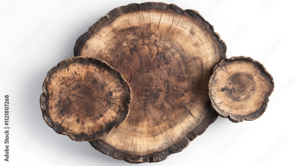 Poster natural wood stump trays displayed on a white background highlighting their texture and organic shap