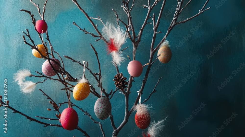 Poster scandinavian easter tradition with decorated branches featuring colorful eggs and feathers creating 