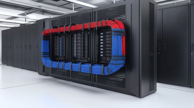 Server rack with organized blue and red patch cords connected to a dark patch panel in a modern data center environment