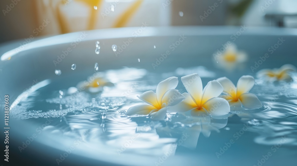 Poster relaxing bath with frangipani flowers in a serene spa setting for a romantic and rejuvenating self-c