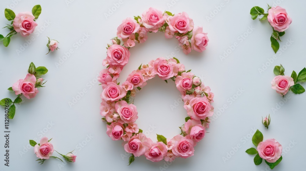 Poster delicate pink roses arranged in the shape of the number six on a clean white background for elegant 