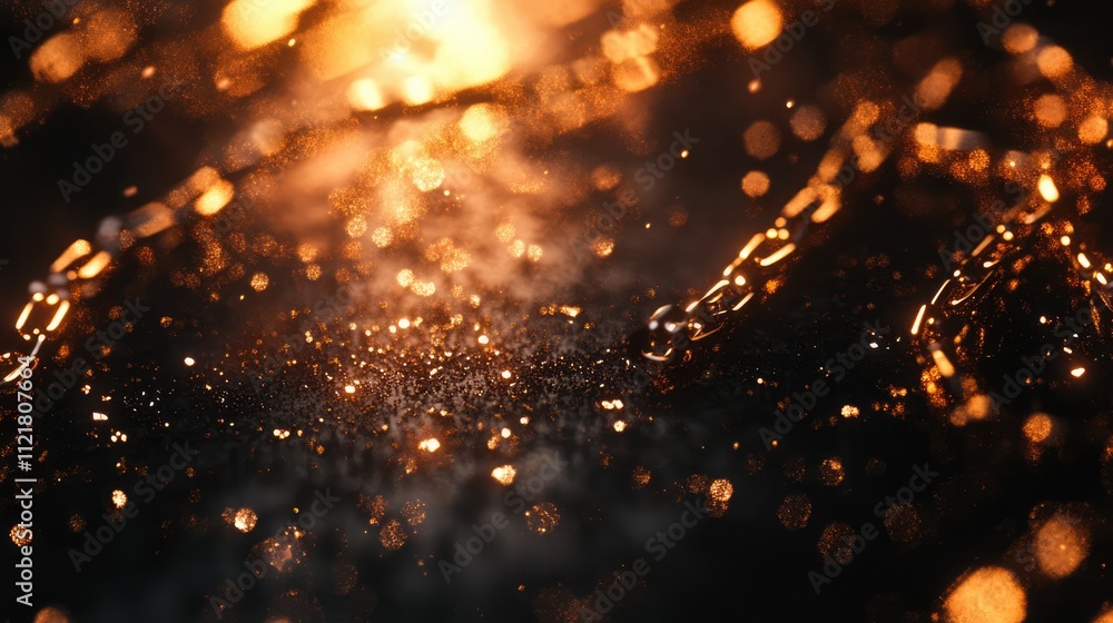 Poster close up of sparkling metal chain with shimmering lights and bokeh effects creating a dynamic and vi