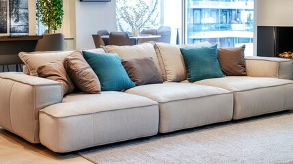 Fototapeta premium Stylish modern sofa adorned with colorful pillows in a bright, contemporary living room setting