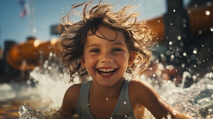Fototapeta premium Cheerful child playing and splashing in an aquapark, surrounded by vibrant colors and water slides.