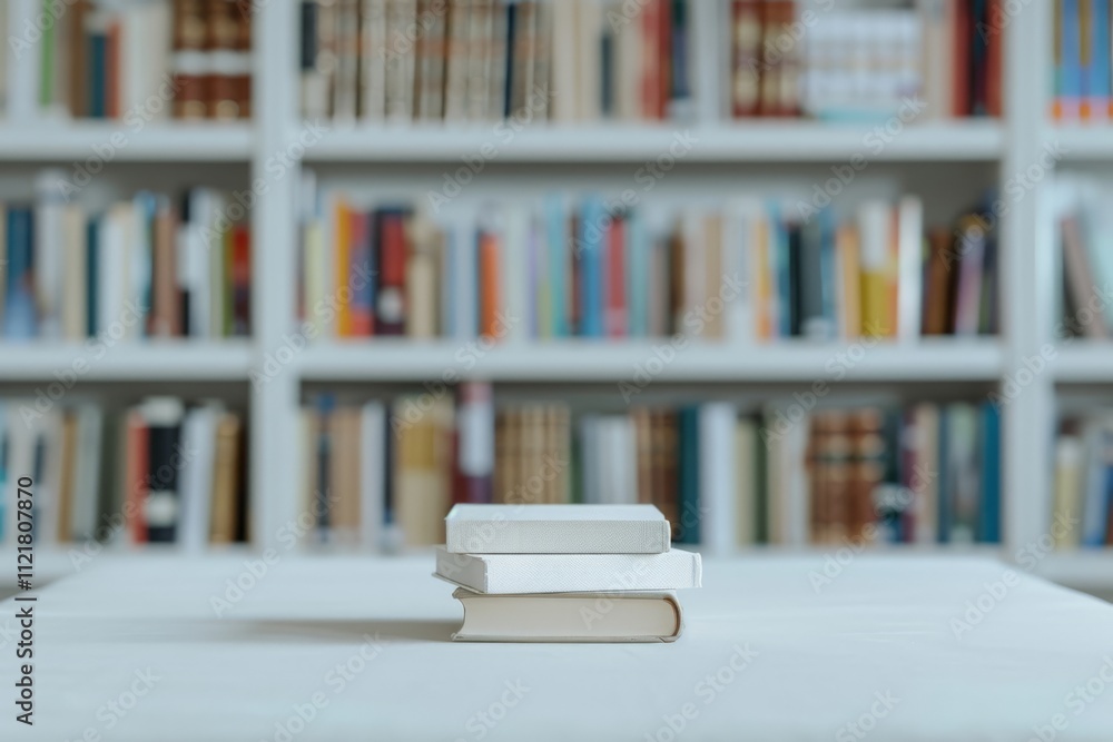 Poster stacked white books on a table with a blurred background of a bookshelf filled with colorful literat