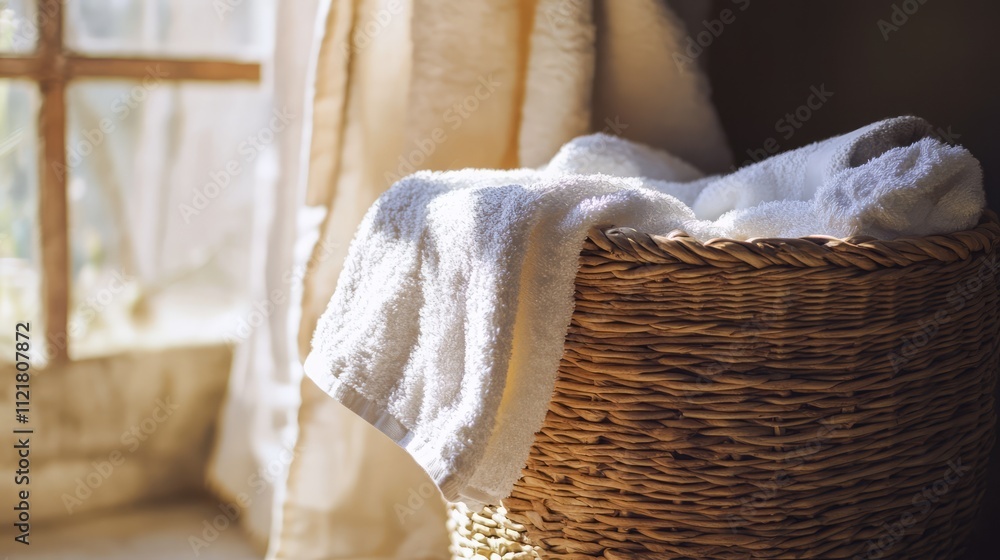 Poster cozy laundry scene with wicker basket filled with clean towels and natural light streaming through a