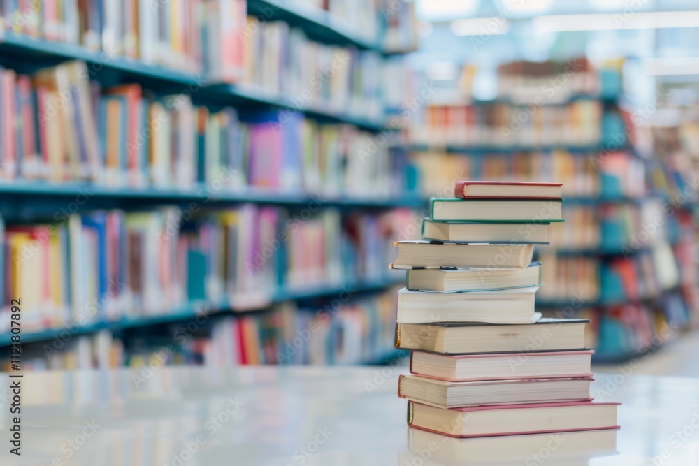 Aufkleber stack of assorted books on a table in a brightly lit library with shelves filled with colorful books