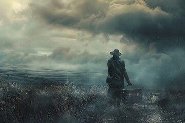 Silhouetted figure, hatted and cloaked, stands before a vast, stormy cloudscape over a misty, desolate landscape. A sense of mystery and impending change pervades the scene.