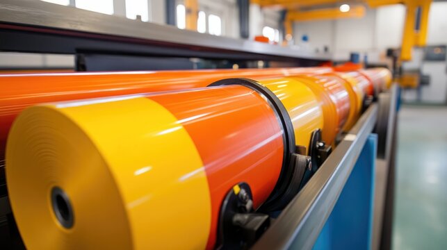 Detail shot of a modern flexographic printing press showcasing vibrant flexible material rolls in a production facility environment
