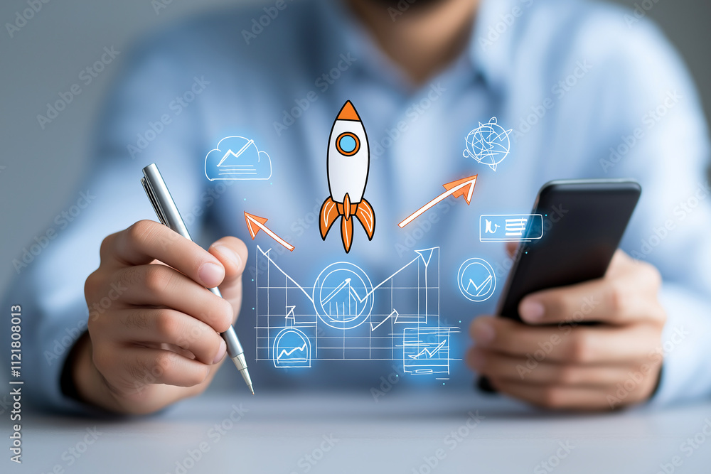 Poster businessman holding smartphone and pen, illustrating growth with rocket and graphs. image conveys in