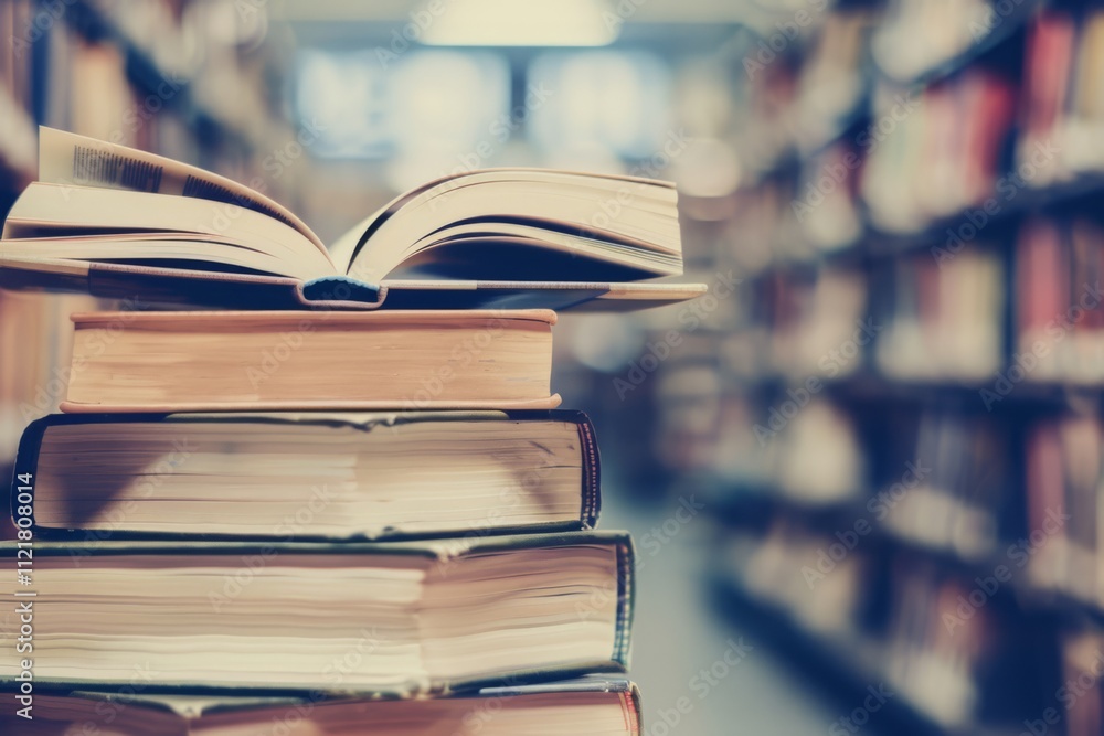 Poster stack of open and closed books on bookshelf in library, symbolizing knowledge, learning, education, 