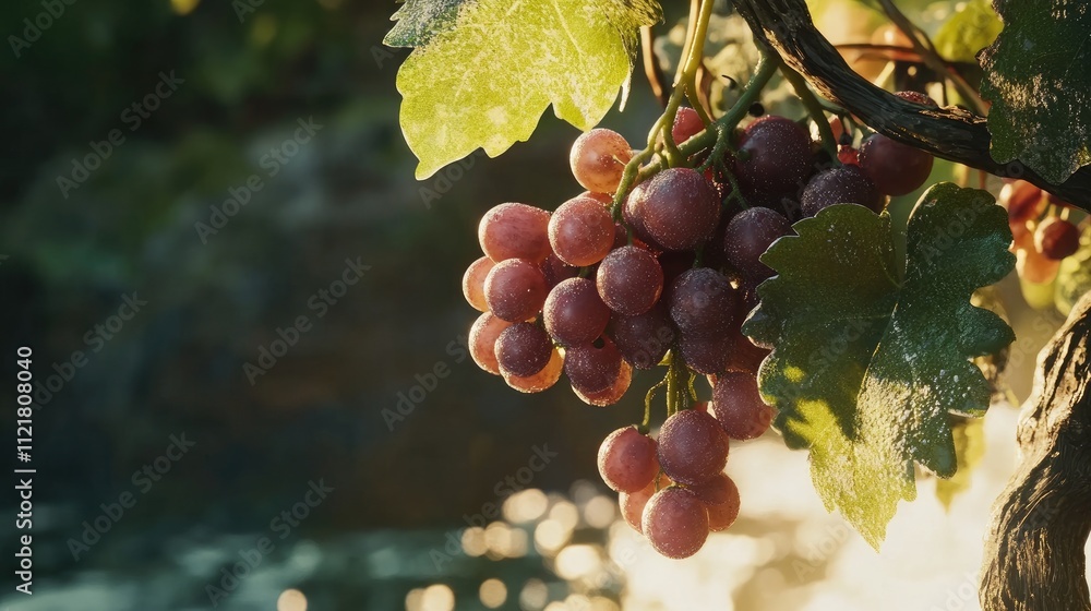 Poster Grapes on vine with sunlight creating a beautiful bokeh effect in a serene garden setting close up on fruit and leaves