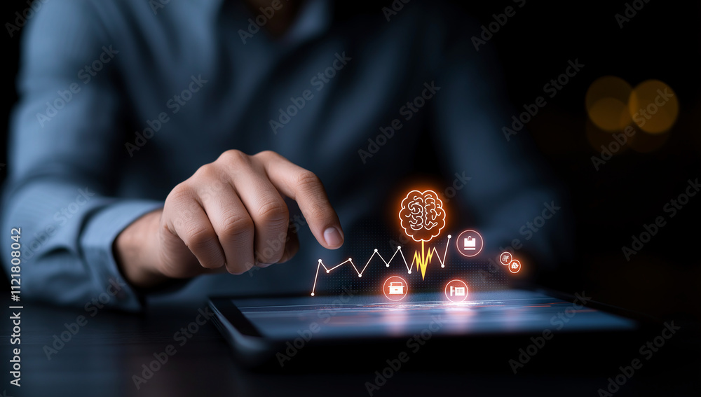 Poster businessman interacts with digital tablet, showcasing growth graph and icons representing data analy