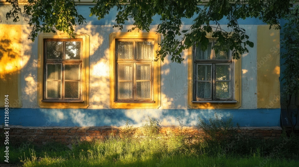 Aufkleber Sunlit facade of a country house illuminated by summer rays with vibrant colors and shadows from surrounding trees and grass