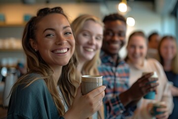 Group of Diverse Young Adults Smiling and Holding Coffee Mugs in a Cozy Café Setting, Evoking Warmth, Friendship, and Connection Among Friends