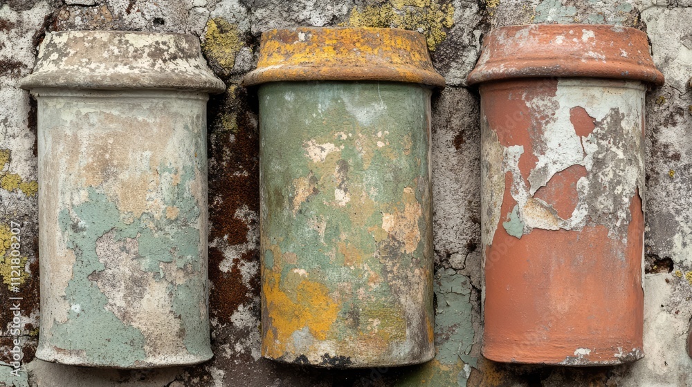 Poster three rows of vintage roof tiles with textured surfaces and weathered colors against a rustic wall b