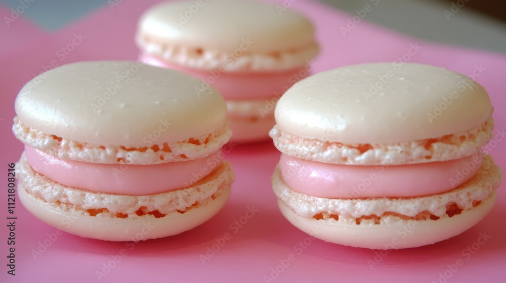 Poster pastel pink macaroons elegantly arranged on soft pink paper showcasing their delicate texture and sw